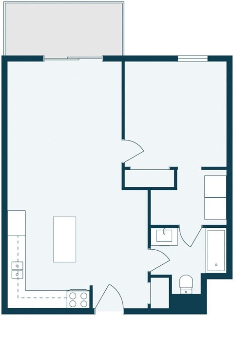 Floor plan for 1 bed, 1 bath, 672 sqft